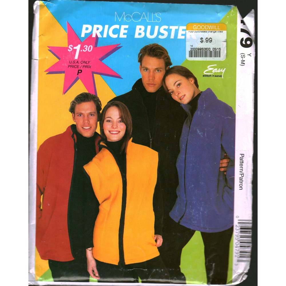 McCalls P479 Fleece Jacket Vest Sewing Pattern Unisex Small Medium Easy Stitch